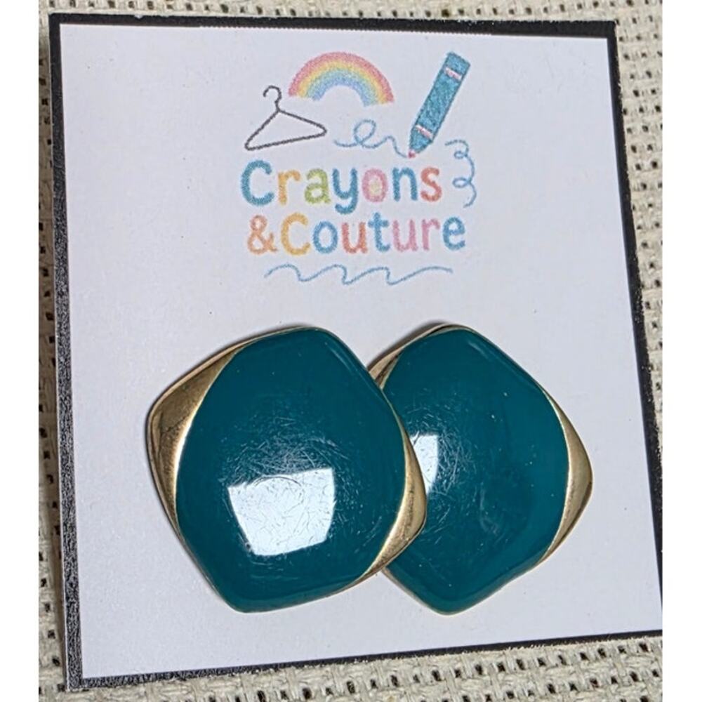 VTG 80s Turquoise & Gold Square Stud Earrings Retro Costume Party Statement